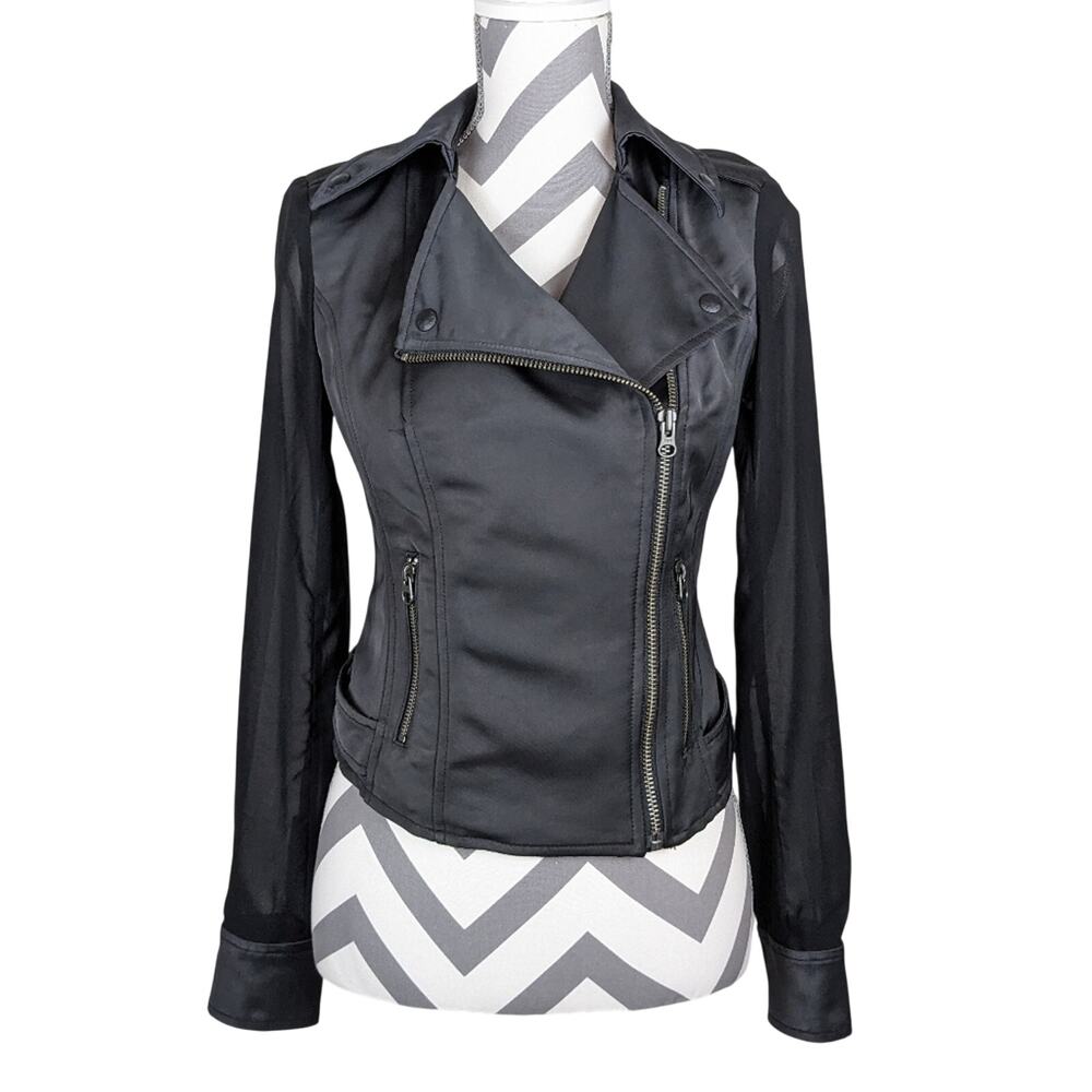 GUESS Satin Cropped Moto Jacket Sheer Sleeve Black XS Y2K - Picture 2 of 16